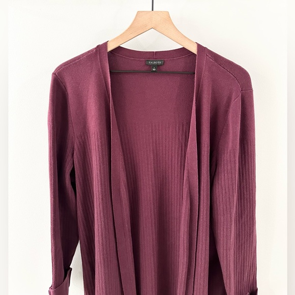 Talbots Long Line Open Front Ribbed Cardigan Burgundy Size Large - Picture 3 of 6